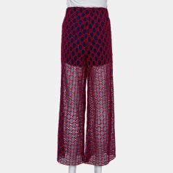 Pre Owned Gucci Navy Blue & Red Logo Embroidered Mesh Wide Leg Sheer Pants M