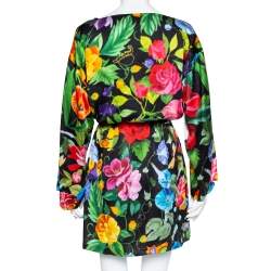 مملوكة مسبقًا Gucci Black Floral Printed Silk Waist tie Detail Oversized Mini Dress S