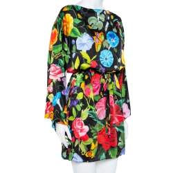 مملوكة مسبقًا Gucci Black Floral Printed Silk Waist tie Detail Oversized Mini Dress S