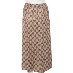 Pre Owned Gucci Beige Logo Monogram Knit Pleated Midi Skirt S