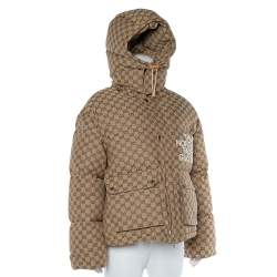 Pre Owned Gucci x The North Face Beige Cotton Canvas Logo Monogram Hooded Puffer Jacket S