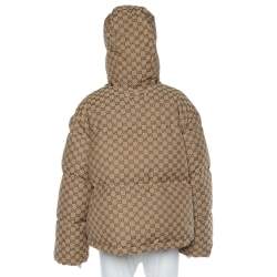 Pre Owned Gucci x The North Face Beige Cotton Canvas Logo Monogram Hooded Puffer Jacket S