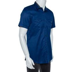 Gucci Blue Cotton Contrast Collar Detail Short Sleeve Skinny Fit Shirt L