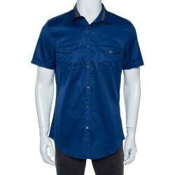 Gucci Blue Cotton Contrast Collar Detail Short Sleeve Skinny Fit Shirt L