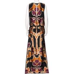 Pre Owned Gucci Black Nouveau Printed Silk Belted Maxi Dress L