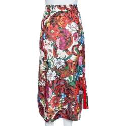 Pre Owned Gucci Floral Printed Jersey Web Stripe Trimmed Pleated Midi Skirt M