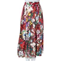 Pre Owned Gucci Floral Printed Jersey Web Stripe Trimmed Pleated Midi Skirt M