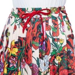 Pre Owned Gucci Floral Printed Jersey Web Stripe Trimmed Pleated Midi Skirt M