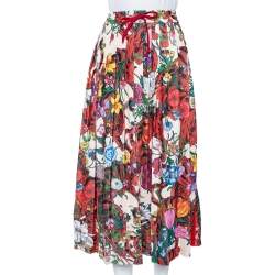 Pre Owned Gucci Floral Printed Jersey Web Stripe Trimmed Pleated Midi Skirt M