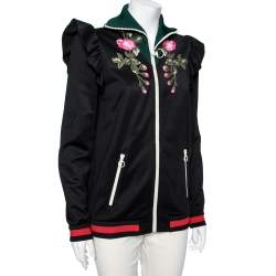 Pre Owned Gucci Black Jersey Floral Embroidered Ruffled Detail Technical Jacket L