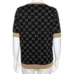 Pre Owned Gucci Navy Blue and Gold Lamé GG Knit Top XXL