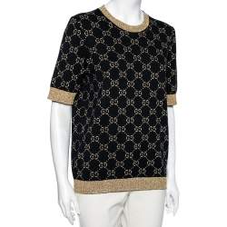 Pre Owned Gucci Navy Blue and Gold Lamé GG Knit Top XXL