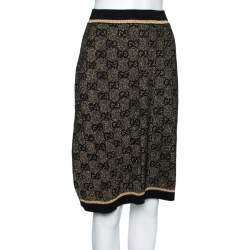Pre Owned Gucci Gold & Black GG Lurex Jacquard Wool Skirt S