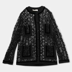 Gucci Black Mesh Laser Cut GG Long Sleeve Button Front Jacket S