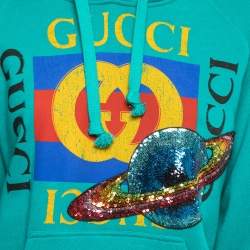Gucci Teal Blue Cotton Planet Sequined Hooded Sweatshirt XS