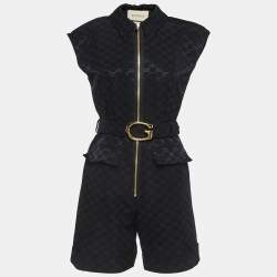 Gucci Black Monogram Jacquard Faille Belted Jumpsuit S