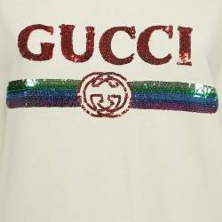 Gucci Cream Logo Sequined Cotton Crew Neck T-Shirt M
