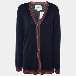 Gucci Navy Blue Wool Web Trim Button Front Cardigan XXL