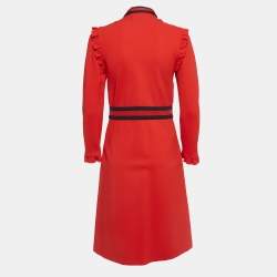 Pre Owned Gucci Red Jersey Tie Neck Ruffled Dress L