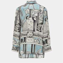 Pre Owned Gucci Blue Printed Silk Long Sleeve Blouse S (IT 38)