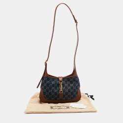 Pre Owned Gucci Blue/Brown GG Denim and Leather Small Jackie 1961 Hobo