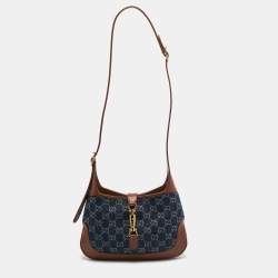 Pre Owned Gucci Blue/Brown GG Denim and Leather Small Jackie 1961 Hobo