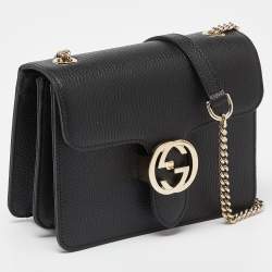 Pre Owned Gucci Black Leather Dollar Interlocking G Crossbody Bag