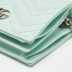 Pre Owned Gucci Light Mint Green Matelassé Leather GG Marmont Compact Wallet on Chain