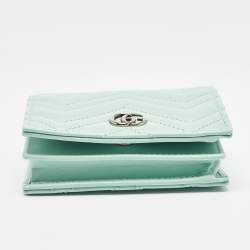 Pre Owned Gucci Light Mint Green Matelassé Leather GG Marmont Compact Wallet on Chain