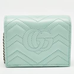 Pre Owned Gucci Light Mint Green Matelassé Leather GG Marmont Compact Wallet on Chain