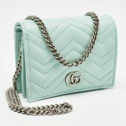 Pre Owned Gucci Light Mint Green Matelassé Leather GG Marmont Compact Wallet on Chain