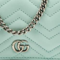 Pre Owned Gucci Light Mint Green Matelassé Leather GG Marmont Compact Wallet on Chain