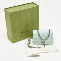 Pre Owned Gucci Light Mint Green Matelassé Leather GG Marmont Compact Wallet on Chain