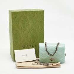 Gucci Light Mint Green Matelassé Leather GG Marmont Compact Wallet on Chain