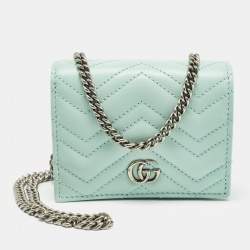 Gucci Light Mint Green Matelassé Leather GG Marmont Compact Wallet on Chain