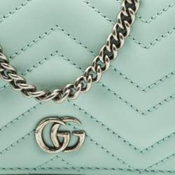 Gucci Light Mint Green Matelassé Leather GG Marmont Compact Wallet on Chain