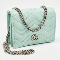 Gucci Light Mint Green Matelassé Leather GG Marmont Compact Wallet on Chain