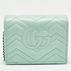 Gucci Light Mint Green Matelassé Leather GG Marmont Compact Wallet on Chain