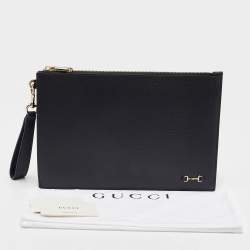 Pre Owned Gucci Black Leather Horsebit Slim Wristlet Clutch