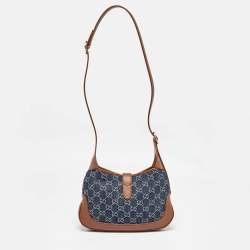 Pre Owned Gucci Blue/Brown GG Denim and Leather Small Jackie 1961 Hobo