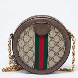 Pre Owned Gucci Brown/Beige GG Supreme Canvas and Leather Mini Ophidia Round Bag