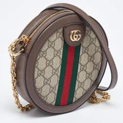 Pre Owned Gucci Brown/Beige GG Supreme Canvas and Leather Mini Ophidia Round Bag