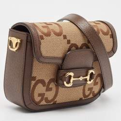 Pre Owned Gucci Brown/Beige Jumbo GG Canvas Mini Horsebit 1955 Shoulder Bag