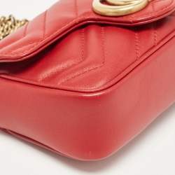 Pre Owned Gucci Red Matelassé Leather Super Mini GG Marmont Shoulder Bag