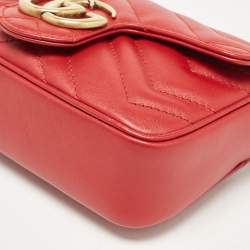 Pre Owned Gucci Red Matelassé Leather Super Mini GG Marmont Shoulder Bag