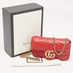 Pre Owned Gucci Red Matelassé Leather Super Mini GG Marmont Shoulder Bag