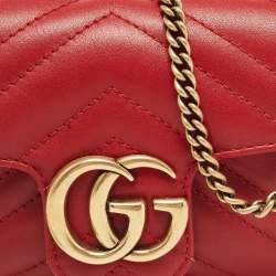 Pre Owned Gucci Red Matelassé Leather Super Mini GG Marmont Shoulder Bag
