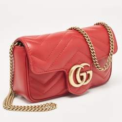 Pre Owned Gucci Red Matelassé Leather Super Mini GG Marmont Shoulder Bag