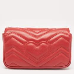 Pre Owned Gucci Red Matelassé Leather Super Mini GG Marmont Shoulder Bag