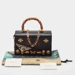 Pre Owned Gucci Black Python and Leather Studded Ottilia Bamboo Top Handle Bag